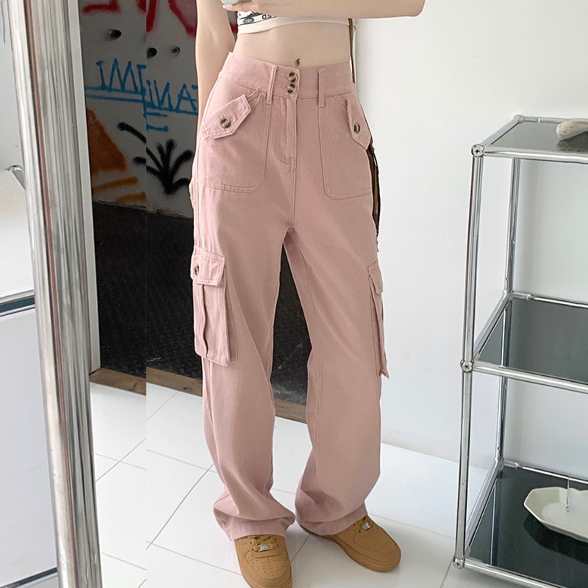 ベルシー Belle Cie カーゴパンツ ズボン ロングパンツ ボトム 韓国ファッション レディース ミリタリー カジュアル トレンド ワイドパンツ パンツ くすみカラー 黒