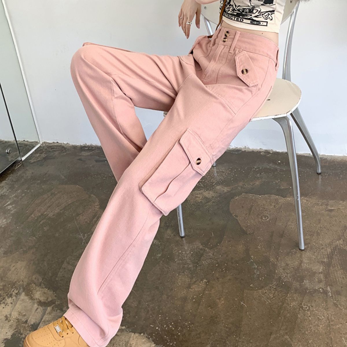 ベルシー Belle Cie カーゴパンツ ズボン ロングパンツ ボトム 韓国ファッション レディース ミリタリー カジュアル トレンド ワイドパンツ パンツ くすみカラー 黒