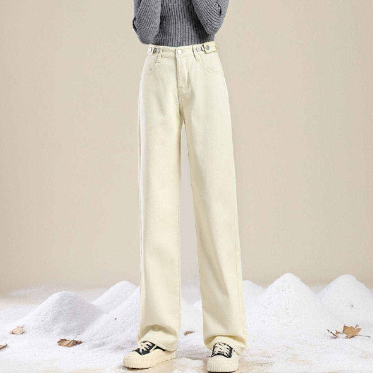 ベルシー Belle Cie デニム デニムパンツ ロングパンツ ジーパン レディース 裏起毛 裏シャギー ワイドパンツ ストレート バギー ハイウエスト 韓国ファッション 防寒,アイボリー