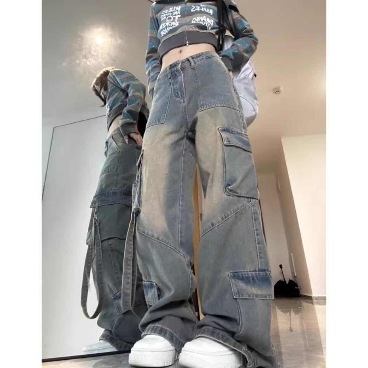 ベルシー Belle Cie デニムパンツ ズボン ジーパン カーゴパンツ ストリート ポケット ワイドパンツ レディース 韓国ファッション ゆったり ダボパン ヒップホップ ワイド 韓国 デニム ダンス アウトドア パンツ サイドポケット かわいい 大きいサイズ 低身長 作業 厚手 ストリートファッション 春服 ジーンズ