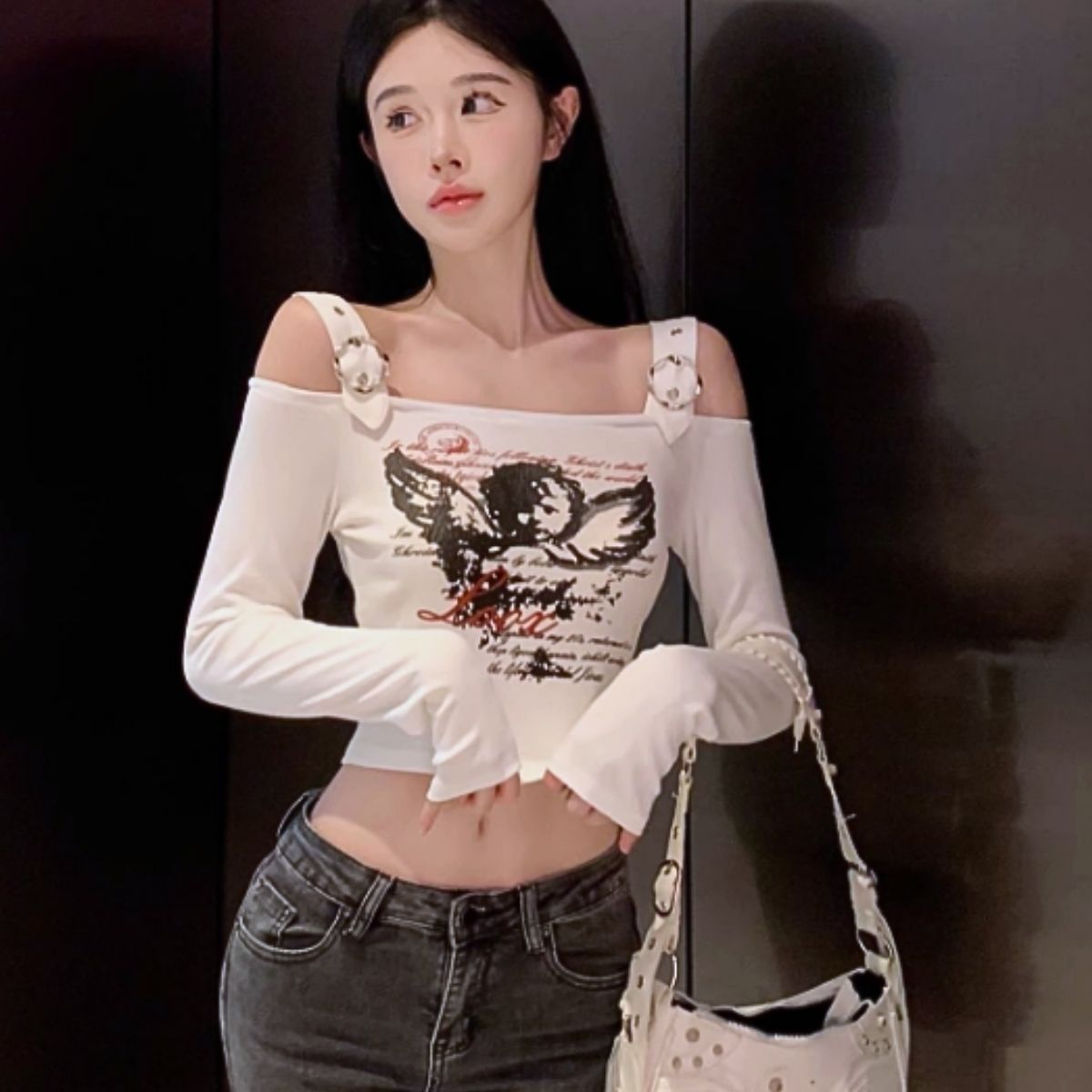 Belle Cie Long Sleeve T-Shirt Short Length Print Sexy Off-the-shoulder Women's Korean Fashion Showing Skin Navel Gal Off-the-shoulder Spring Summer Autumn