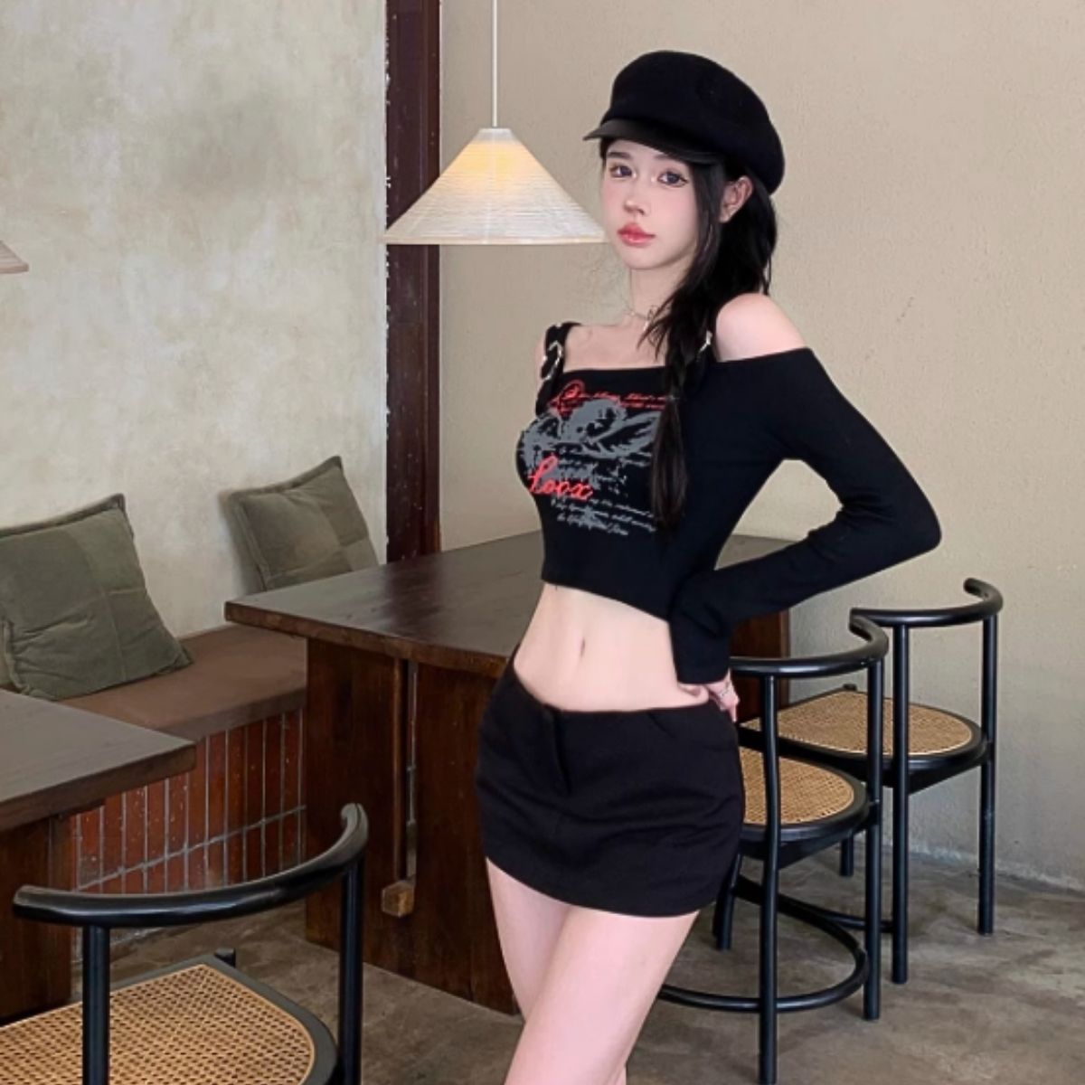 Belle Cie Long Sleeve T-Shirt Short Length Print Sexy Off-the-shoulder Women's Korean Fashion Showing Skin Navel Gal Off-the-shoulder Spring Summer Autumn