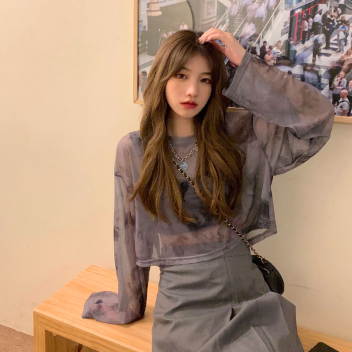 ベルシー Belle Cie シースルー シアー ショート 短丈 ロンT 長袖 透け感 タイダイ レディース 韓国ファッション セクシー グラデーション かっこいい ダンス 衣装,ネイビー