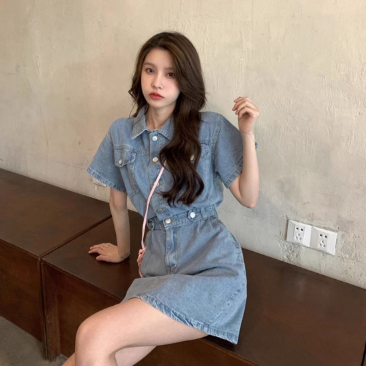 Belle Cie denim dress, dress, twill, short sleeve, mini dress, skirt, women's, Korean fashion, above the knee, large size, festival, costume, matching, event