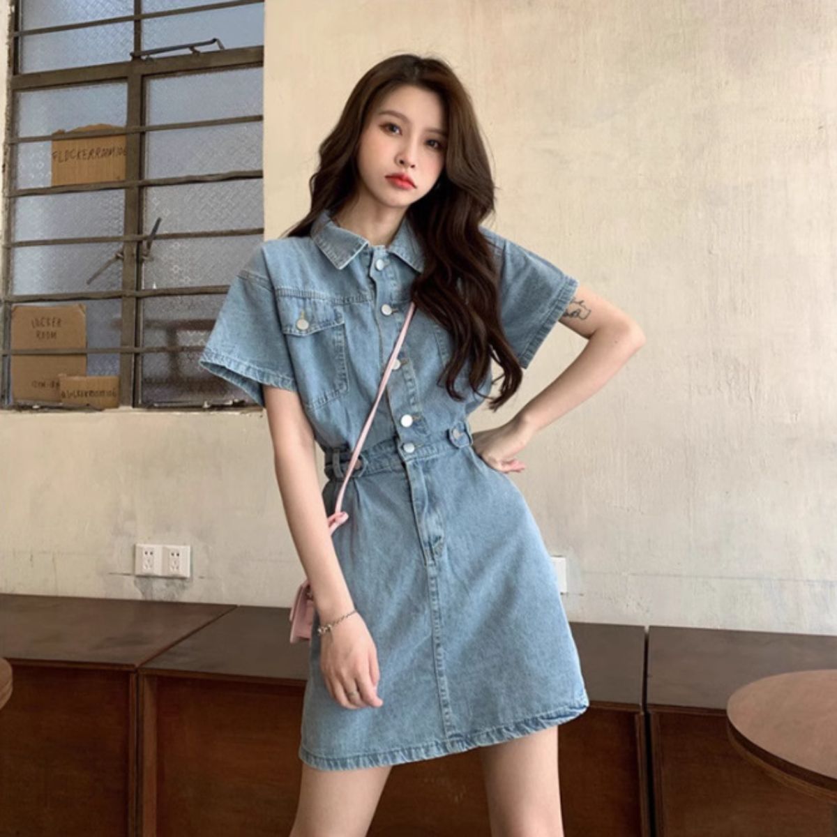 Belle Cie denim dress, dress, twill, short sleeve, mini dress, skirt, women's, Korean fashion, above the knee, large size, festival, costume, matching, event