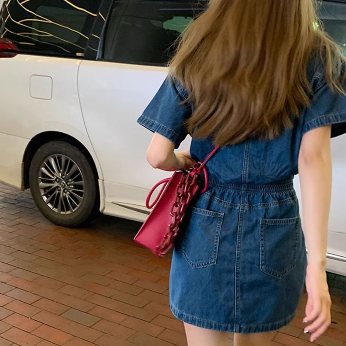 Belle Cie denim dress, dress, twill, short sleeve, mini dress, skirt, women's, Korean fashion, above the knee, large size, festival, costume, matching, event