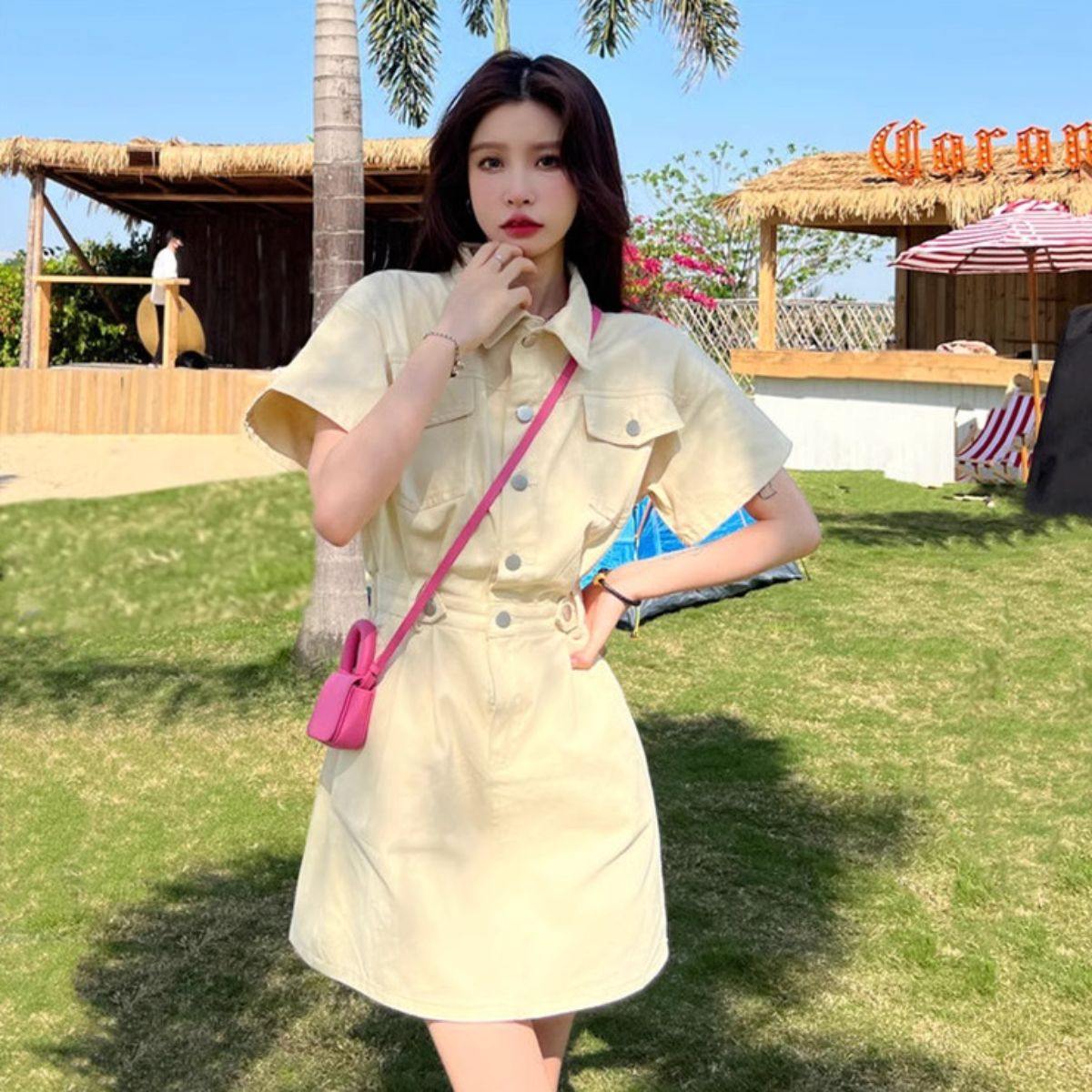 Belle Cie denim dress, dress, twill, short sleeve, mini dress, skirt, women's, Korean fashion, above the knee, large size, festival, costume, matching, event