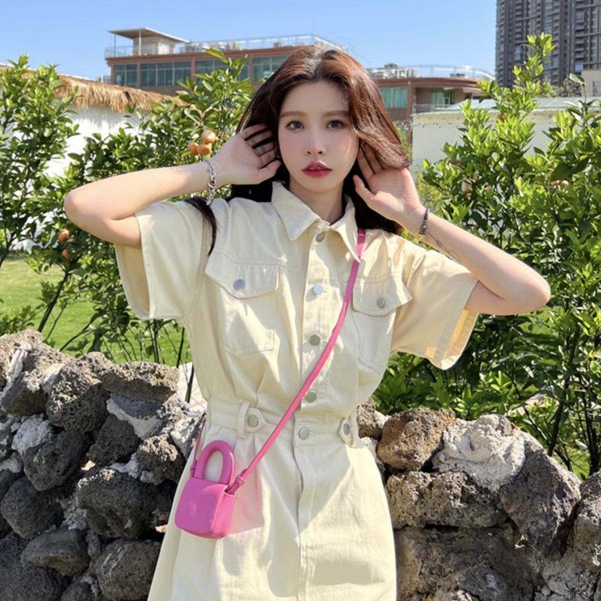 Belle Cie denim dress, dress, twill, short sleeve, mini dress, skirt, women's, Korean fashion, above the knee, large size, festival, costume, matching, event