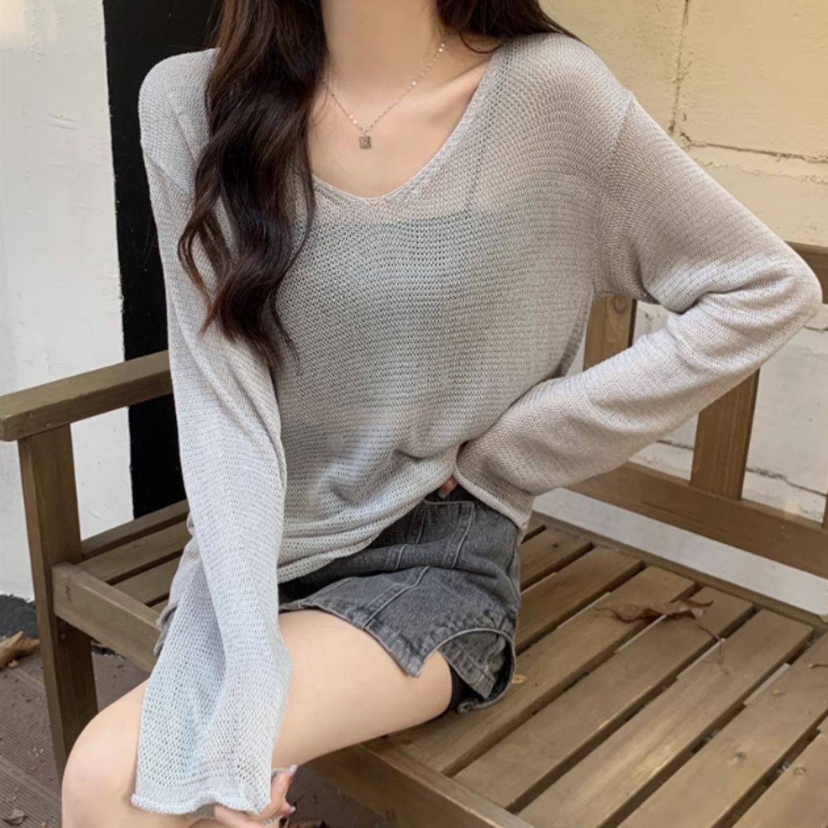 Bercy Belle Cie Knit Sheer Knit Loose Relaxed Top Sheer Long Sleeve Transparency Women's Korean Fashion Sexy Skin Exposure Spring Autumn Earth Colors Adult Stylish