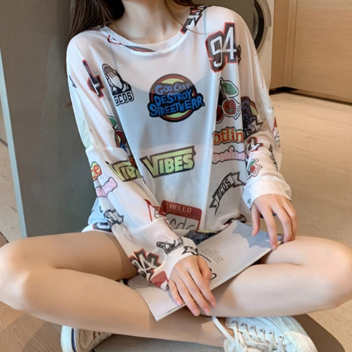 Bercy Belle Cie Sheer Top Long Sleeve See-Through Logo All-Over Print Oversized Loose Women's Korean Fashion Gal Unique Inner Layering Gachagacha Pattern