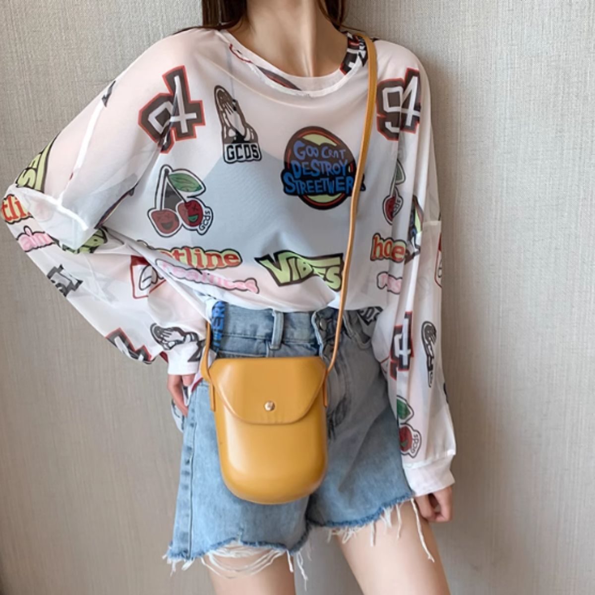 Bercy Belle Cie Sheer Top Long Sleeve See-Through Logo All-Over Print Oversized Loose Women's Korean Fashion Gal Unique Inner Layering Gachagacha Pattern