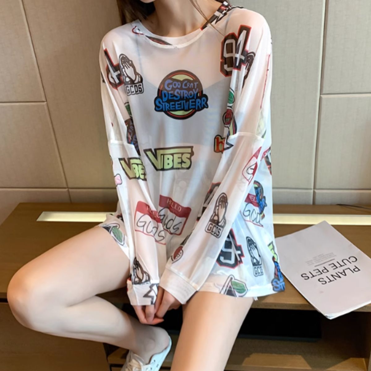 Bercy Belle Cie Sheer Top Long Sleeve See-Through Logo All-Over Print Oversized Loose Women's Korean Fashion Gal Unique Inner Layering Gachagacha Pattern
