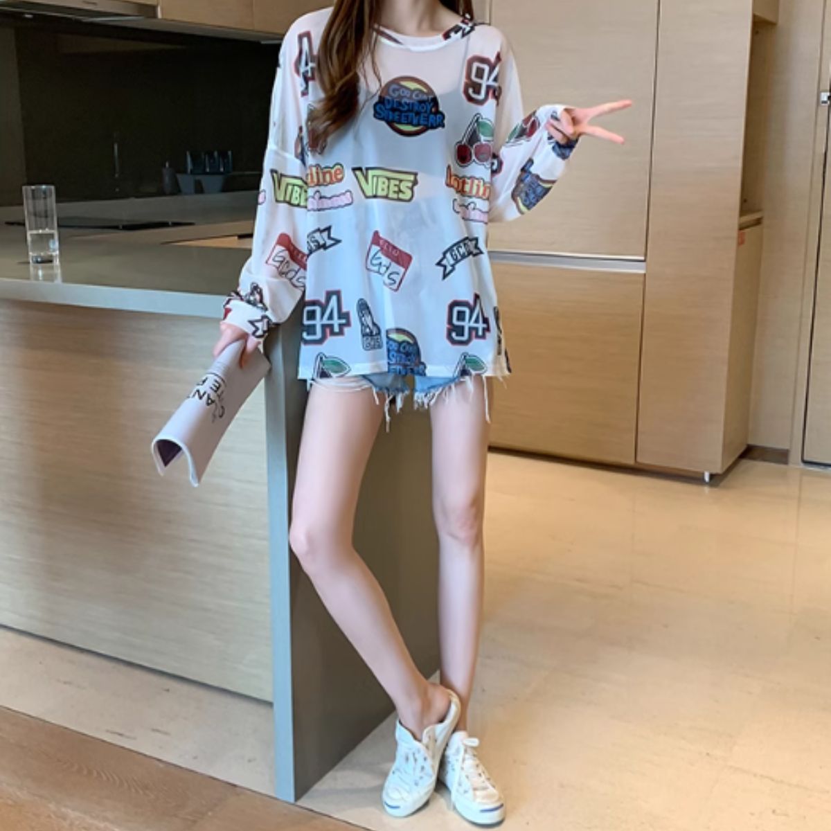 Bercy Belle Cie Sheer Top Long Sleeve See-Through Logo All-Over Print Oversized Loose Women's Korean Fashion Gal Unique Inner Layering Gachagacha Pattern