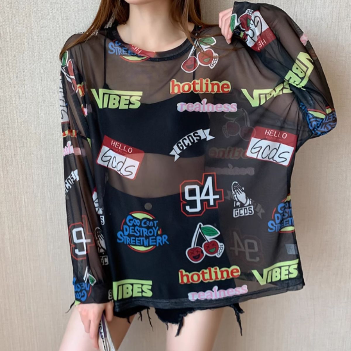 Bercy Belle Cie Sheer Top Long Sleeve See-Through Logo All-Over Print Oversized Loose Women's Korean Fashion Gal Unique Inner Layering Gachagacha Pattern