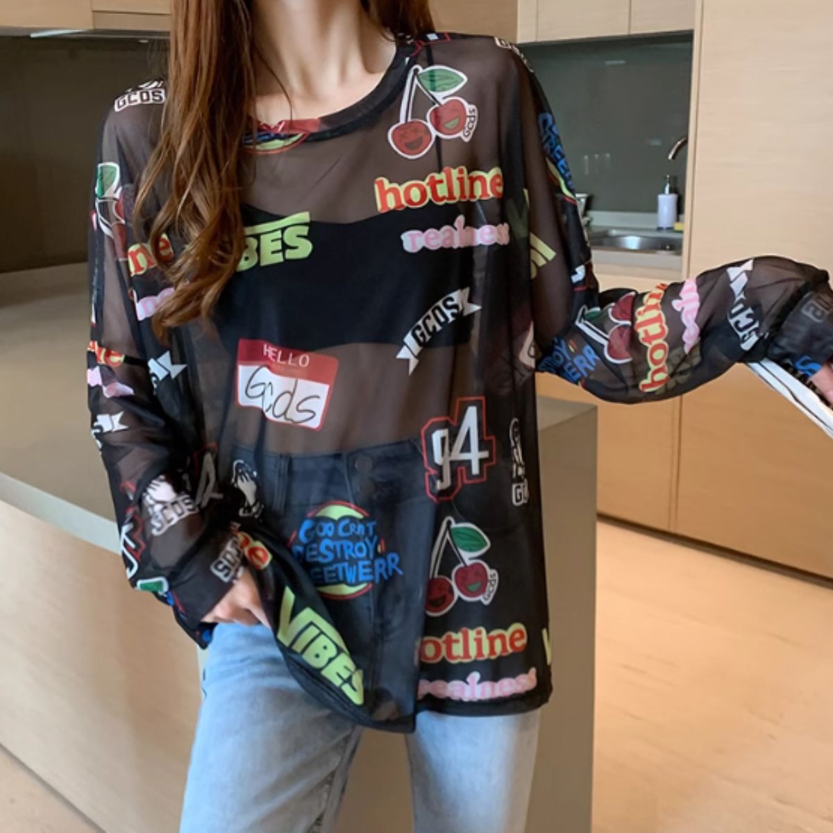 Bercy Belle Cie Sheer Top Long Sleeve See-Through Logo All-Over Print Oversized Loose Women's Korean Fashion Gal Unique Inner Layering Gachagacha Pattern
