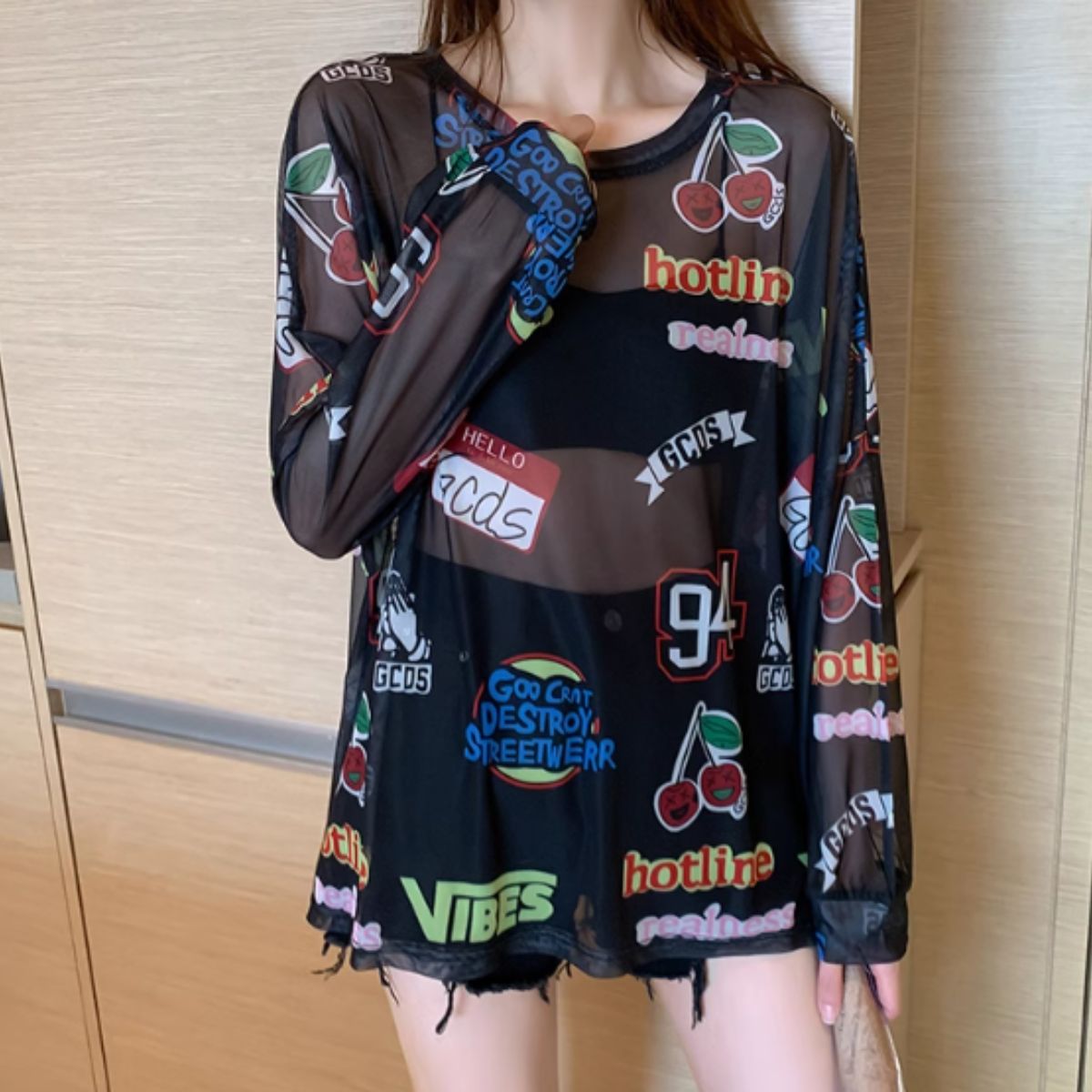 Bercy Belle Cie Sheer Top Long Sleeve See-Through Logo All-Over Print Oversized Loose Women's Korean Fashion Gal Unique Inner Layering Gachagacha Pattern