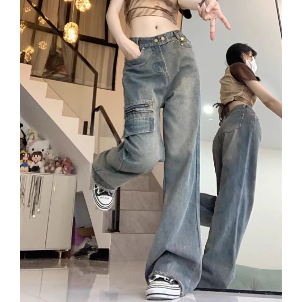 MILITARY CARGO WIDE DENIM PANTS Women Denim Pants Casual High Waisted Cargo Pants Combat Military