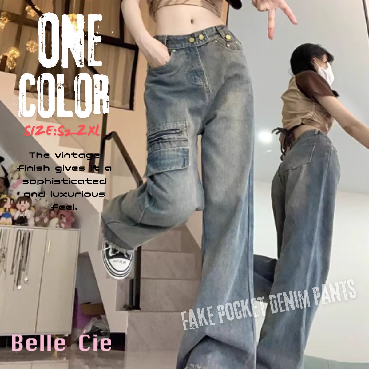 Belle Cie 牛仔褲寬褲假口袋軍裝寬鬆女士韓版時尚剪裁嘻哈舞一分