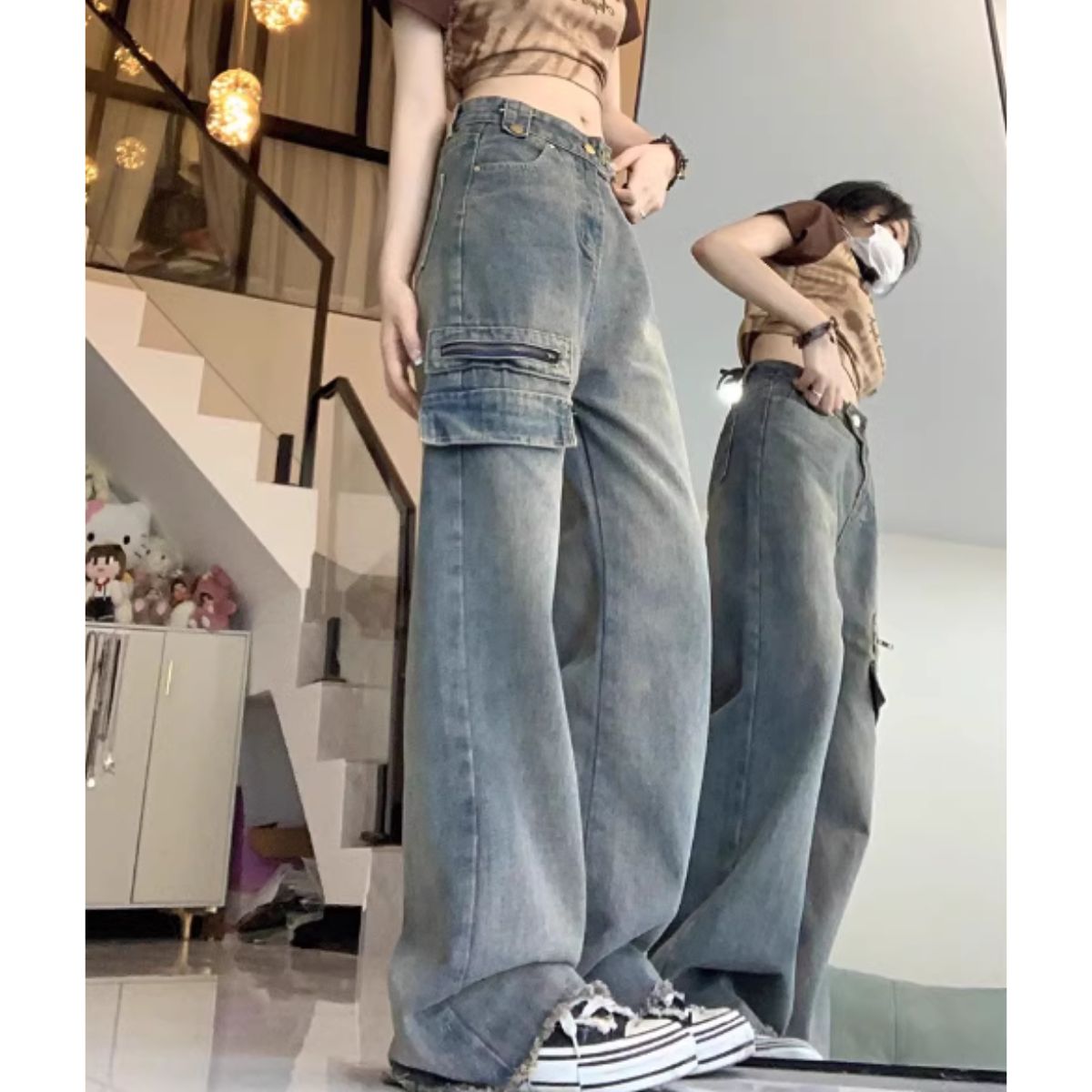 Belle Cie 牛仔褲寬褲假口袋軍裝寬鬆女士韓版時尚剪裁嘻哈舞一分