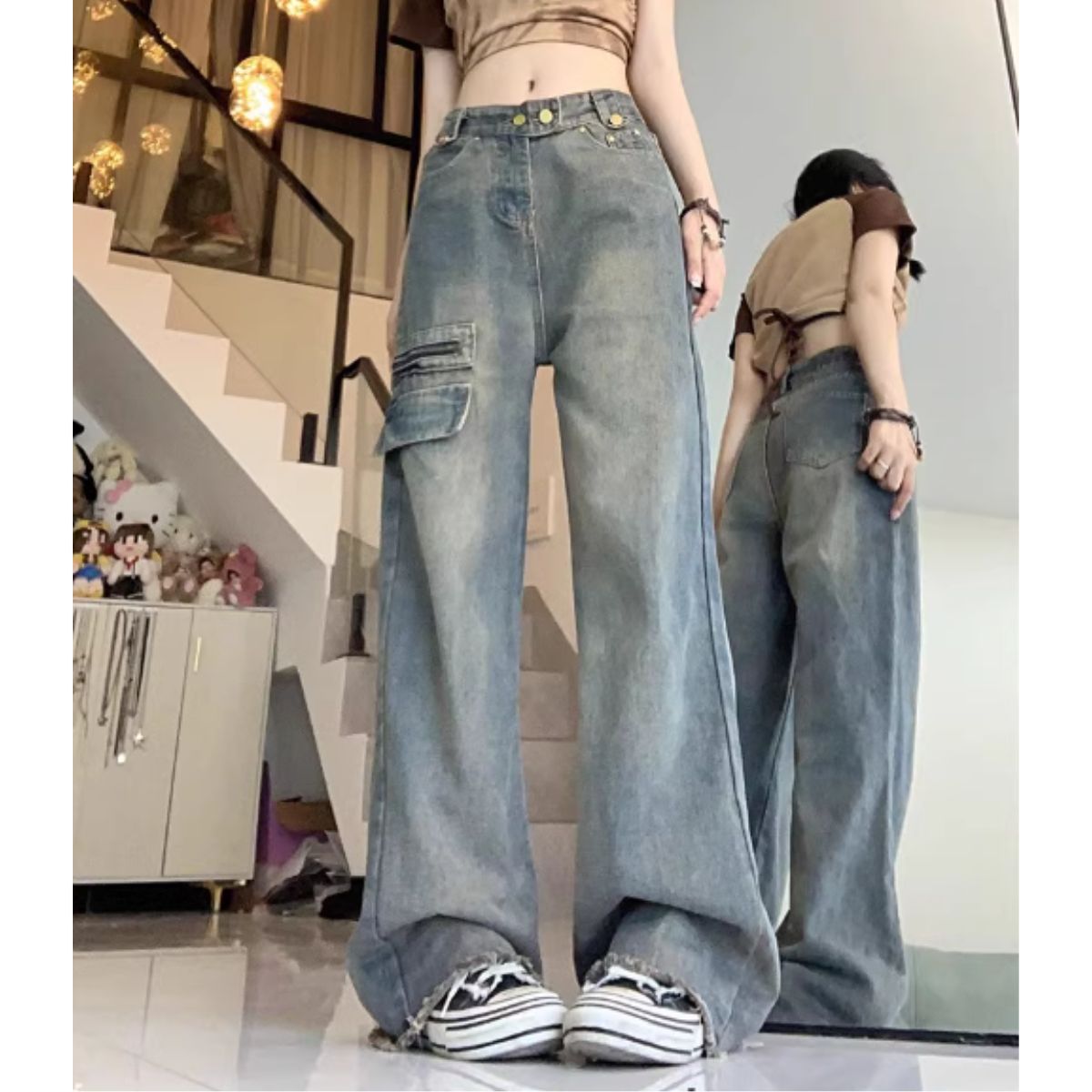 Belle Cie 牛仔褲寬褲假口袋軍裝寬鬆女士韓版時尚剪裁嘻哈舞一分
