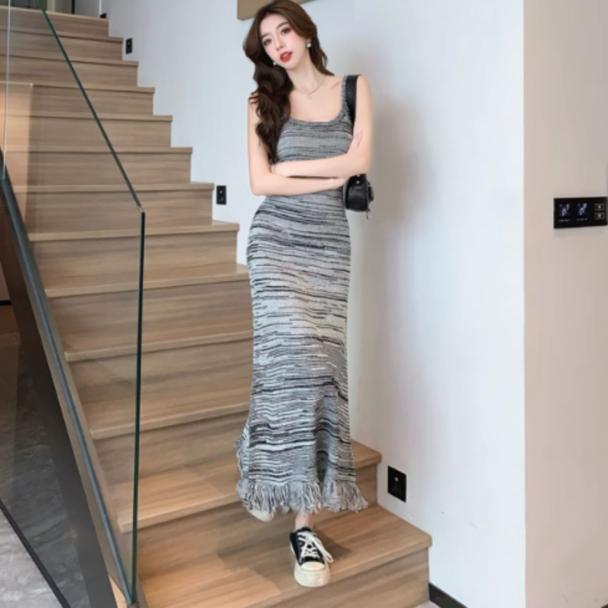 ベルシー Belle Cie ニット ワンピース キャミ ロング セクシー タイト 細身 杢 柄 レディース 韓国ファッション グラデーション 秋冬 レイヤード 重ね着 おしゃれ,グレー