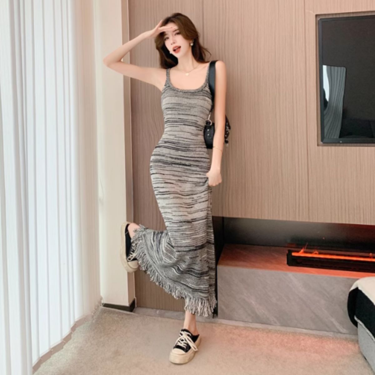 ベルシー Belle Cie ニット ワンピース キャミ ロング セクシー タイト 細身 杢 柄 レディース 韓国ファッション グラデーション 秋冬 レイヤード 重ね着 おしゃれ