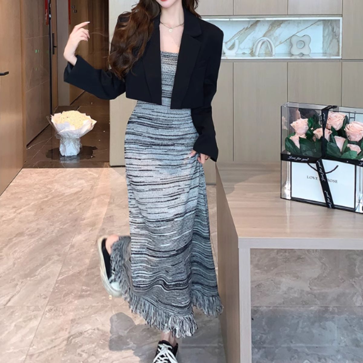 ベルシー Belle Cie ニット ワンピース キャミ ロング セクシー タイト 細身 杢 柄 レディース 韓国ファッション グラデーション 秋冬 レイヤード 重ね着 おしゃれ