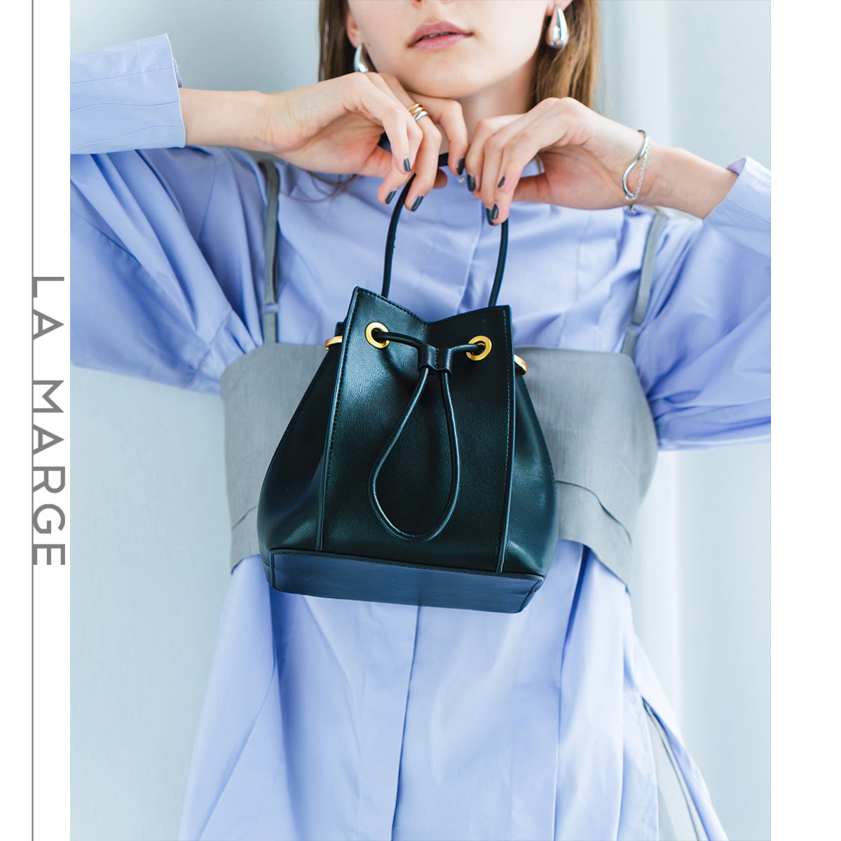 ベース BASE 【LA MARGE】【本革】2WAY 巾着 ハンド バッグ (ブラック) ブラック
