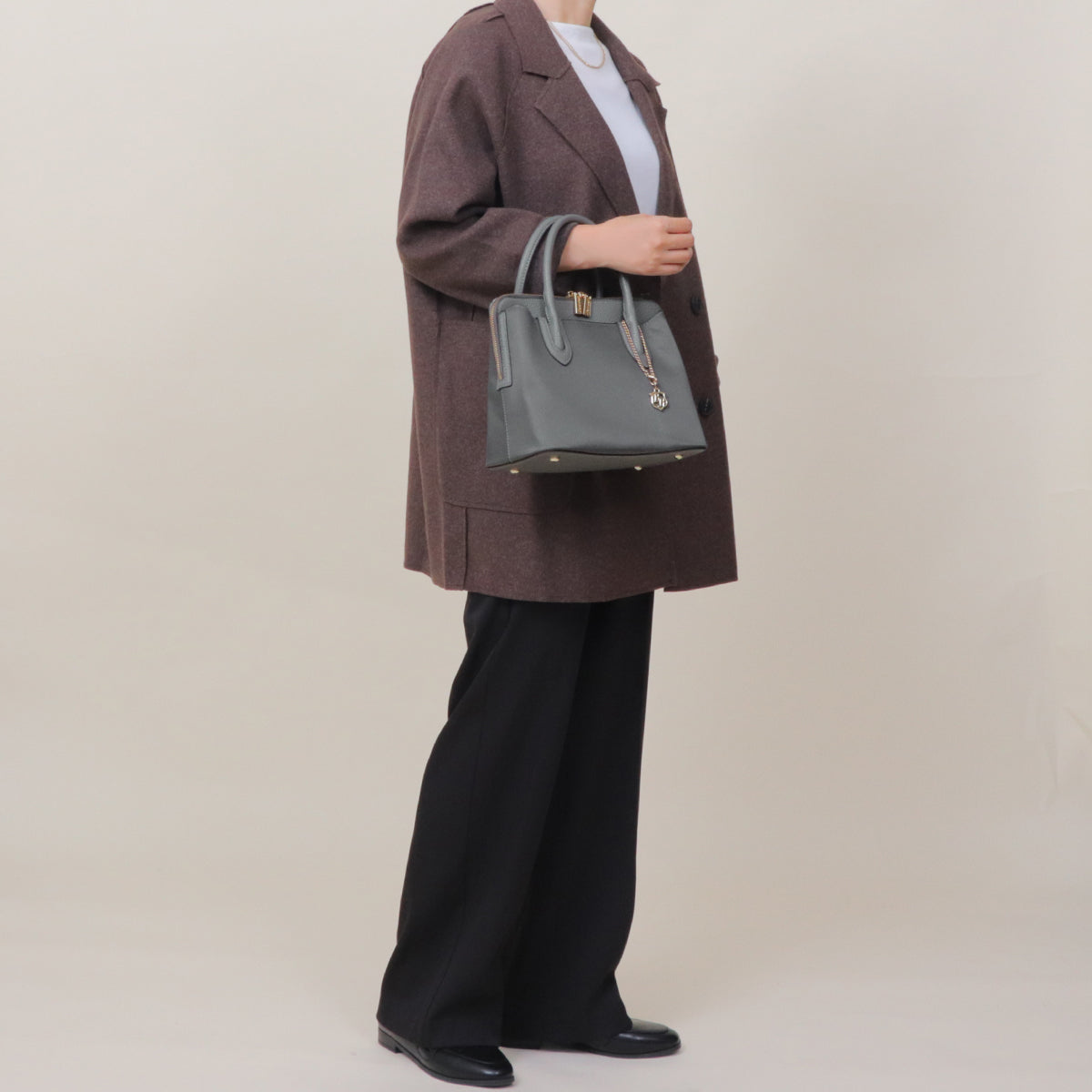 【500mlペットボトル収納可】ナイロン×レザー 2WAY ハンドバッグ グレー