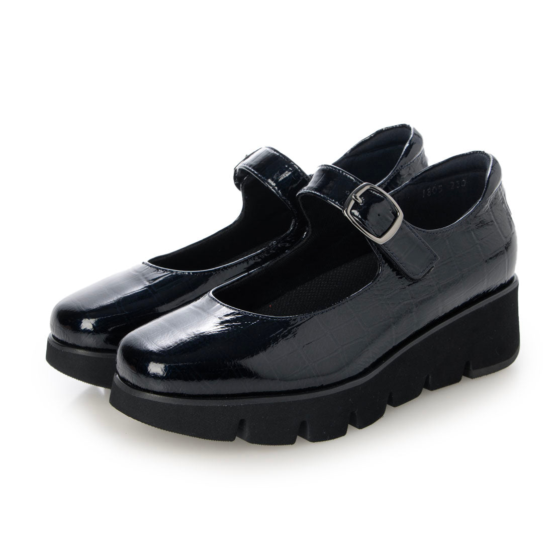 ビューフォート BeauFort スクエアトゥ厚底バックル付きストラップシューズ (エナメルネイビー) エナメルネイビー