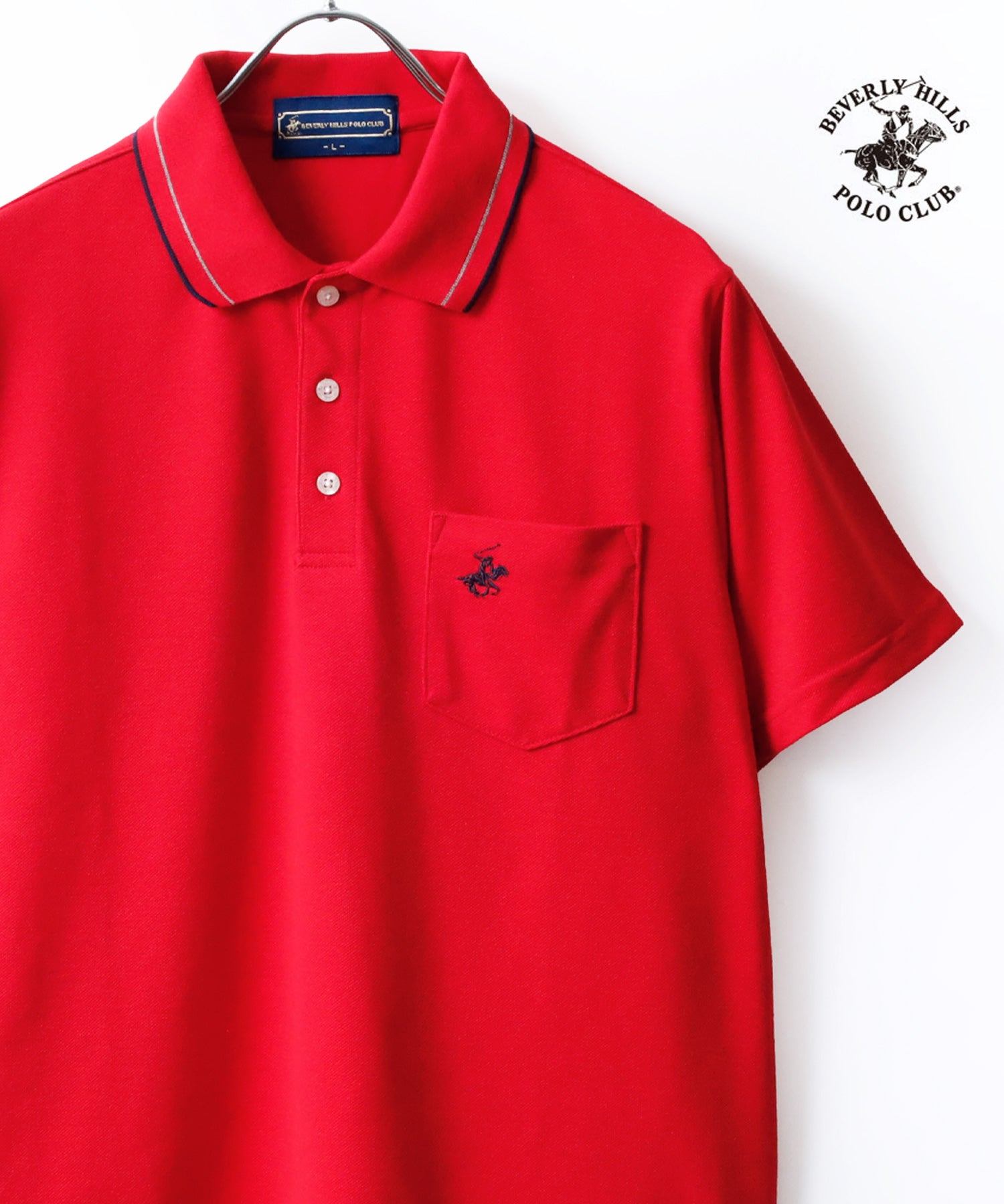 ビバリーヒルズポロクラブ BEVERLY HILLS POLO CLUB 襟リブライン ワンポイントロゴ刺繍 無地 ポロシャツ レディース メンズ (レッド) レッド