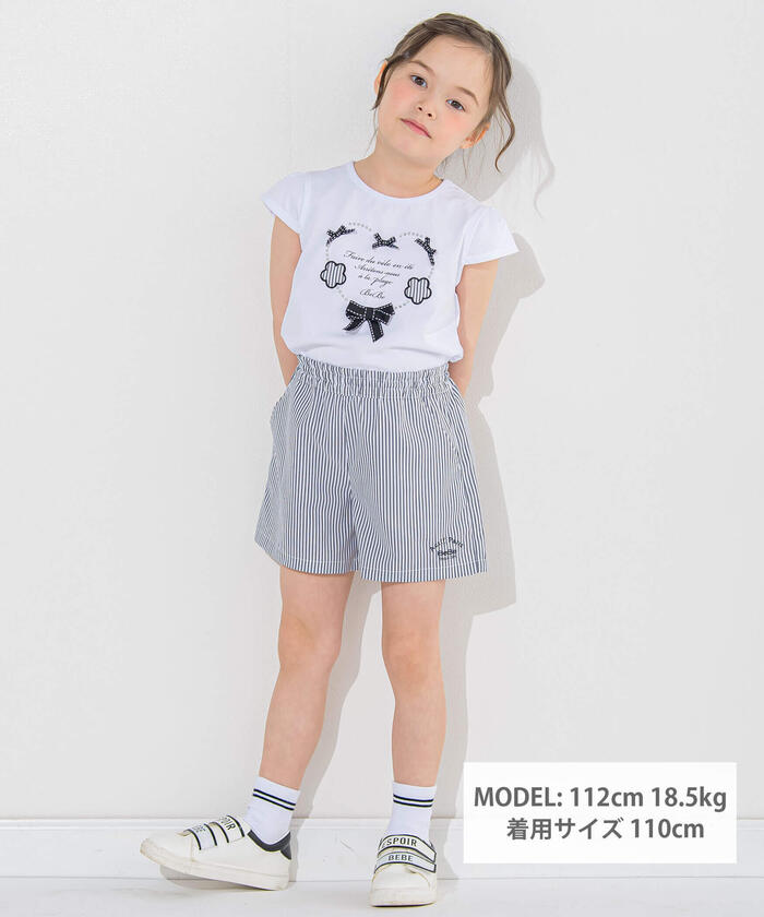 ベベ BeBe ハートリボンキャップスリーブ天竺Tシャツ