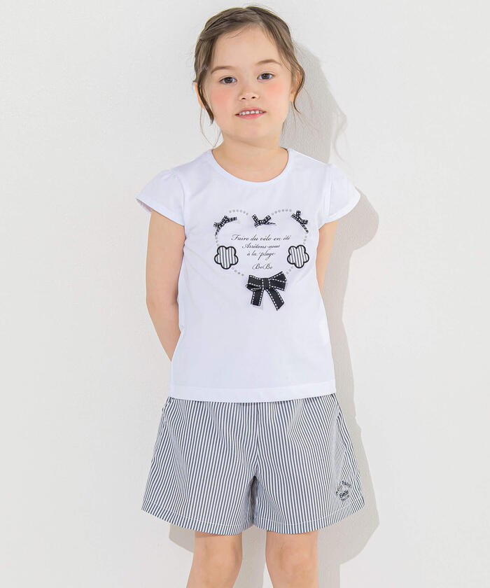 ベベ BeBe ハートリボンキャップスリーブ天竺Tシャツ