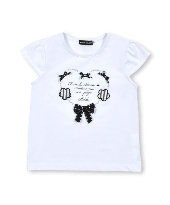 ベベ BeBe ハートリボンキャップスリーブ天竺Tシャツ