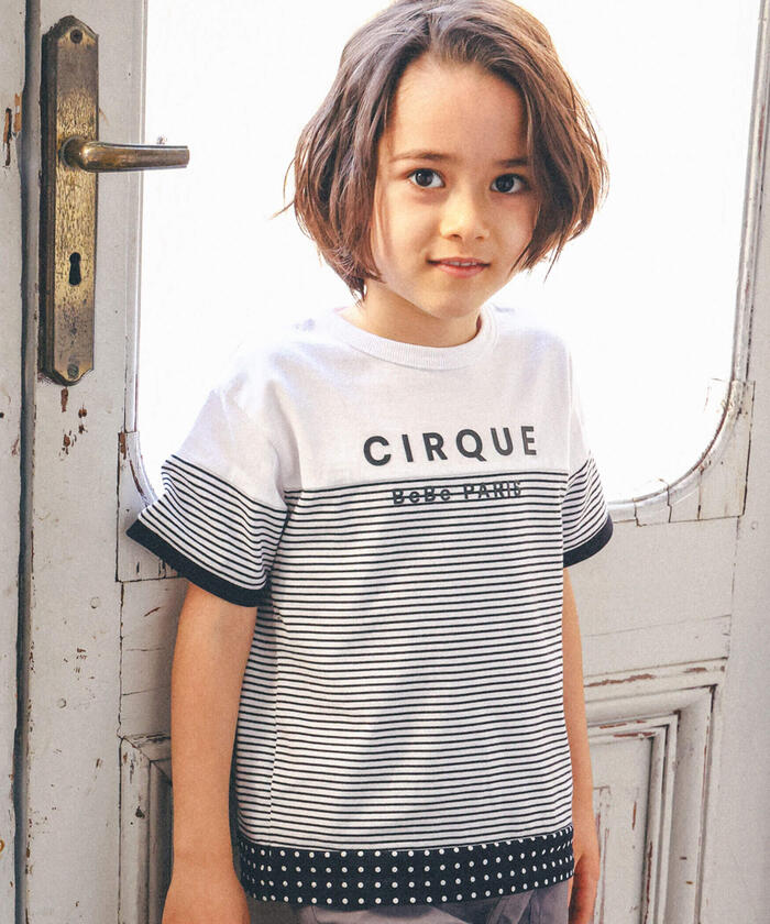 ベベ BeBe 【お揃い】ボーダー切り替えワイドTシャツ