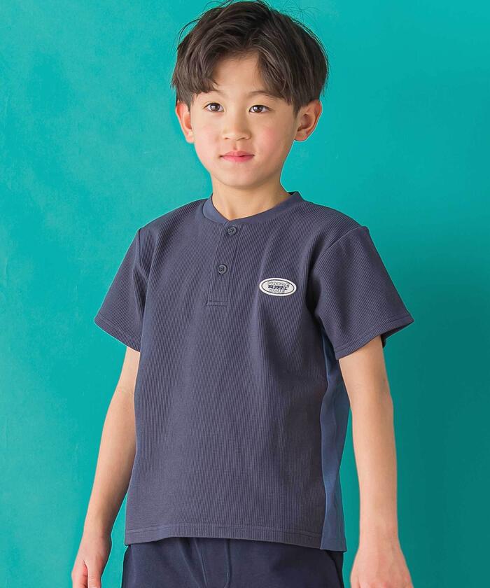 ベベ プチ ポワ ヴェール BeBe Petits Pois Vert 【店舗限定】ワッフル×天竺ワッペン半袖Tシャツ+ショートパンツセットアップ(95 (ネイビー×ブルー) ネイビー×ブルー