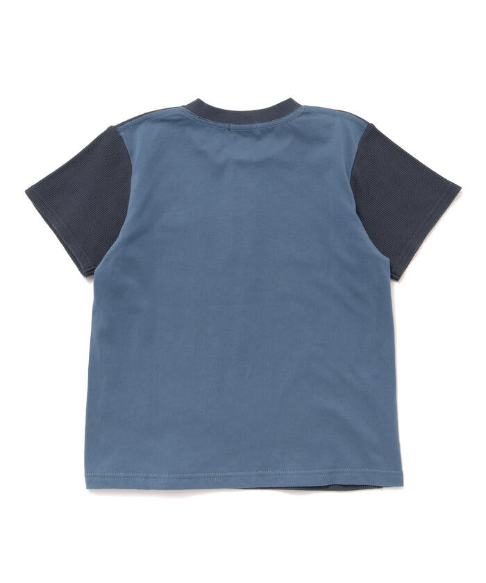 ベベ プチ ポワ ヴェール BeBe Petits Pois Vert 【店舗限定】ワッフル×天竺ワッペン半袖Tシャツ+ショートパンツセットアップ(95 (ネイビー×ブルー) ネイビー×ブルー
