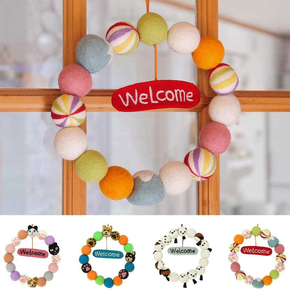 シネマコレクション cinemacollection アニマルグッズ インテリア雑貨 フェルトリース ウェルカム ネコ ねこ トモコーポレーション かわいい おしゃれ 玄関 グッズ マルチカラー