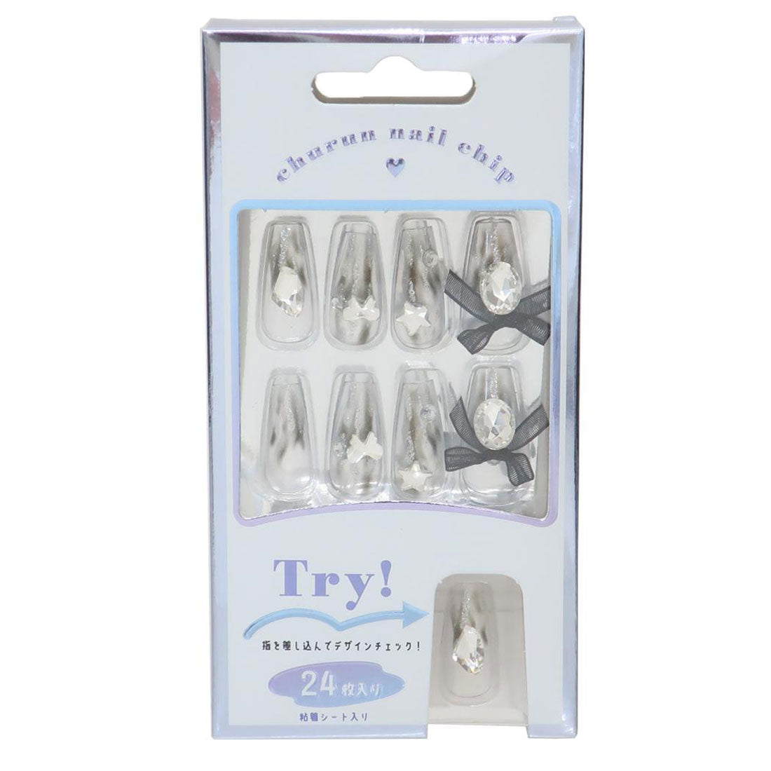 シネマコレクション cinemacollection コスメ雑貨 ネイルチップロングスクエアタイプ CLEAR RIBBON カミオジャパン ネイルアート 付け爪 おしゃれ グッズ【返品不可商品】 シルバー