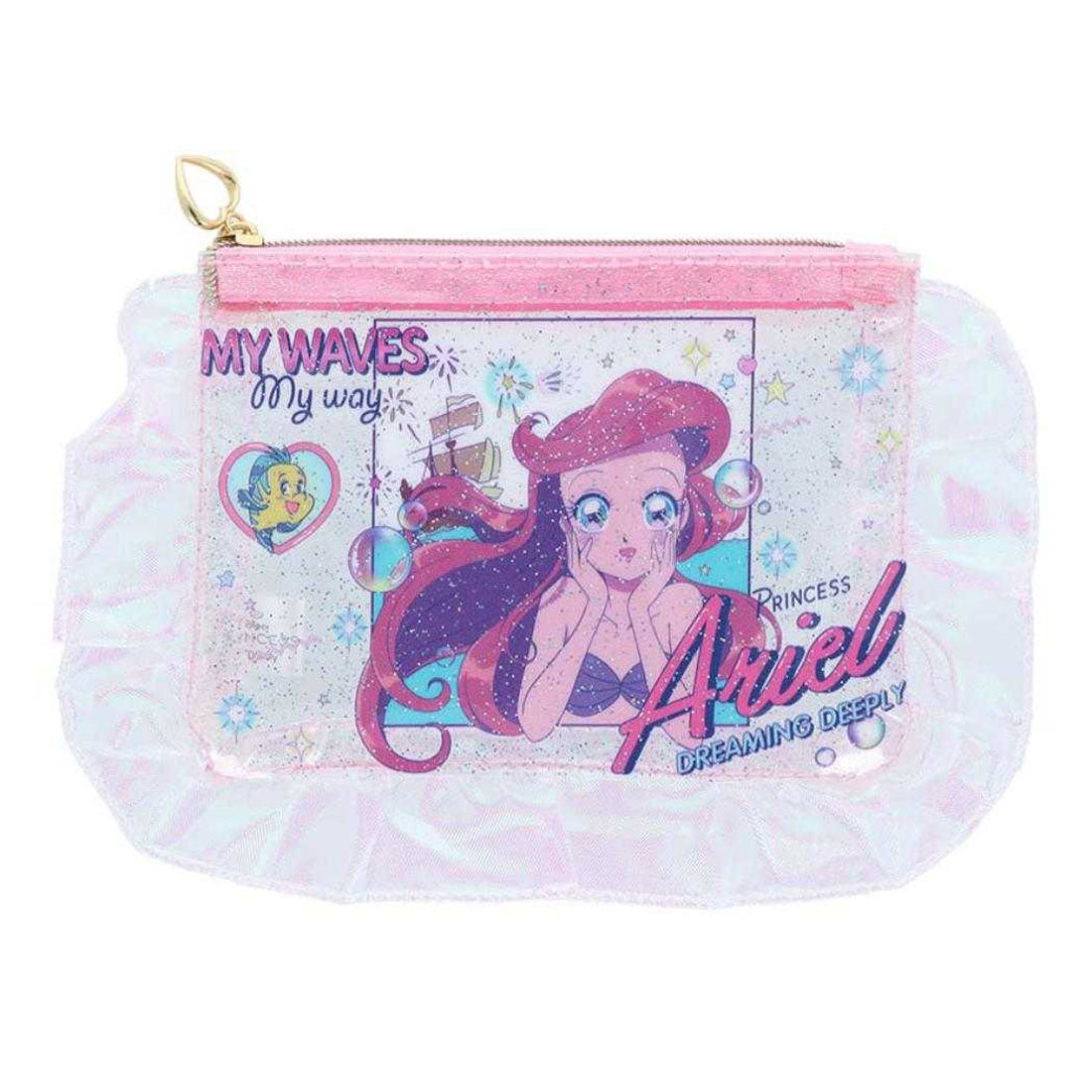 シネマコレクション cinemacollection リトルマーメイド フラットポーチ フリル付クリアポーチ アリエル バレエコア Y2K ディズニープリンセス サンスター文具 コスメポーチ 小物入れ キャラクター グッズ マルチカラー