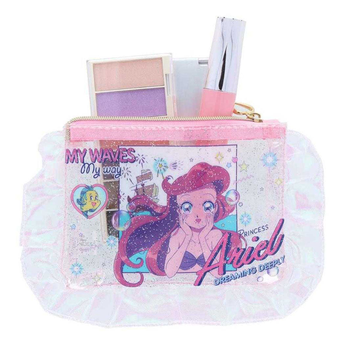 シネマコレクション cinemacollection リトルマーメイド フラットポーチ フリル付クリアポーチ アリエル バレエコア Y2K ディズニープリンセス サンスター文具 コスメポーチ 小物入れ キャラクター グッズ マルチカラー