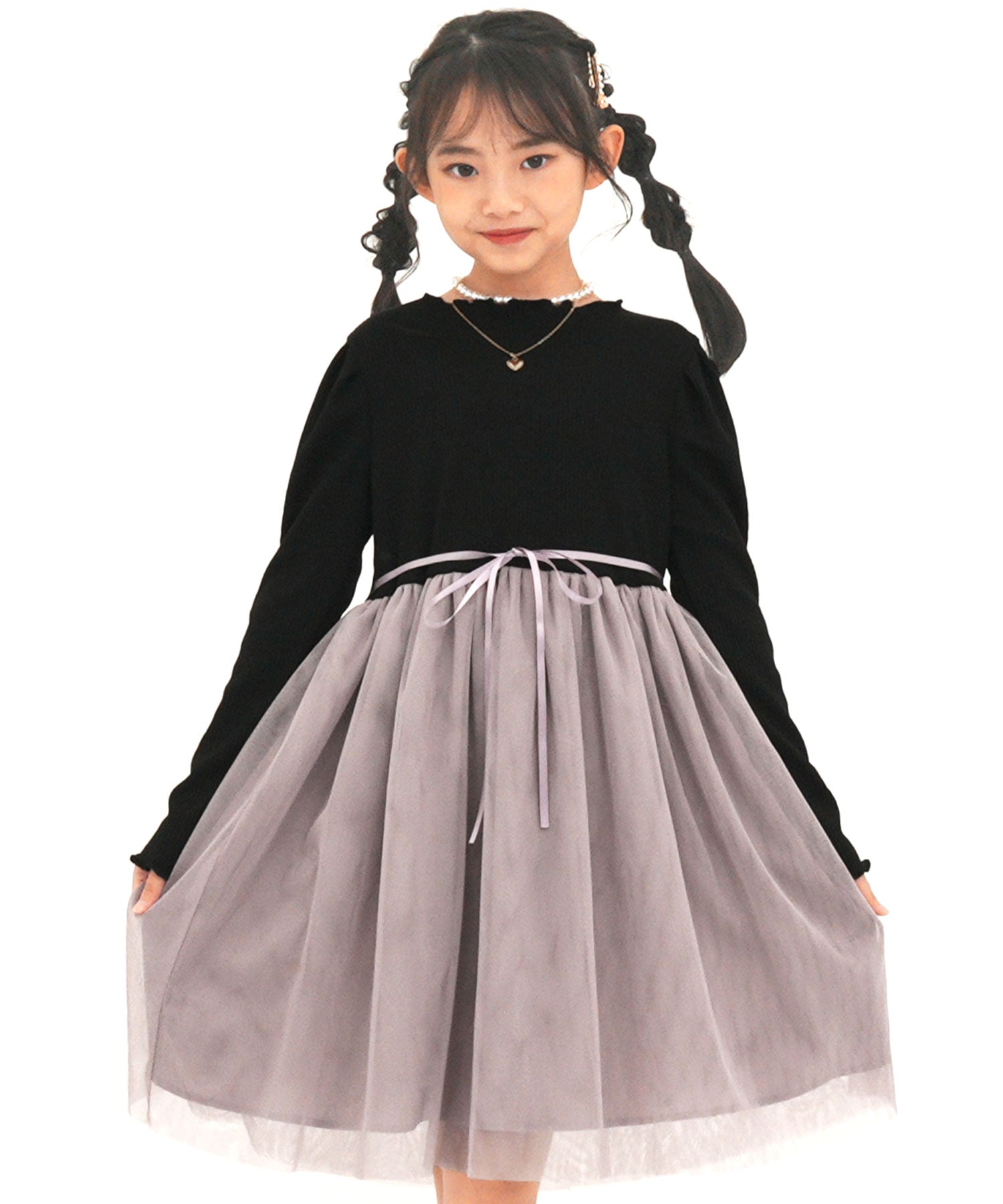 コドモフク ビー 子供服Bee チュール切替ワンピース,ブラック×くすみラベンダー