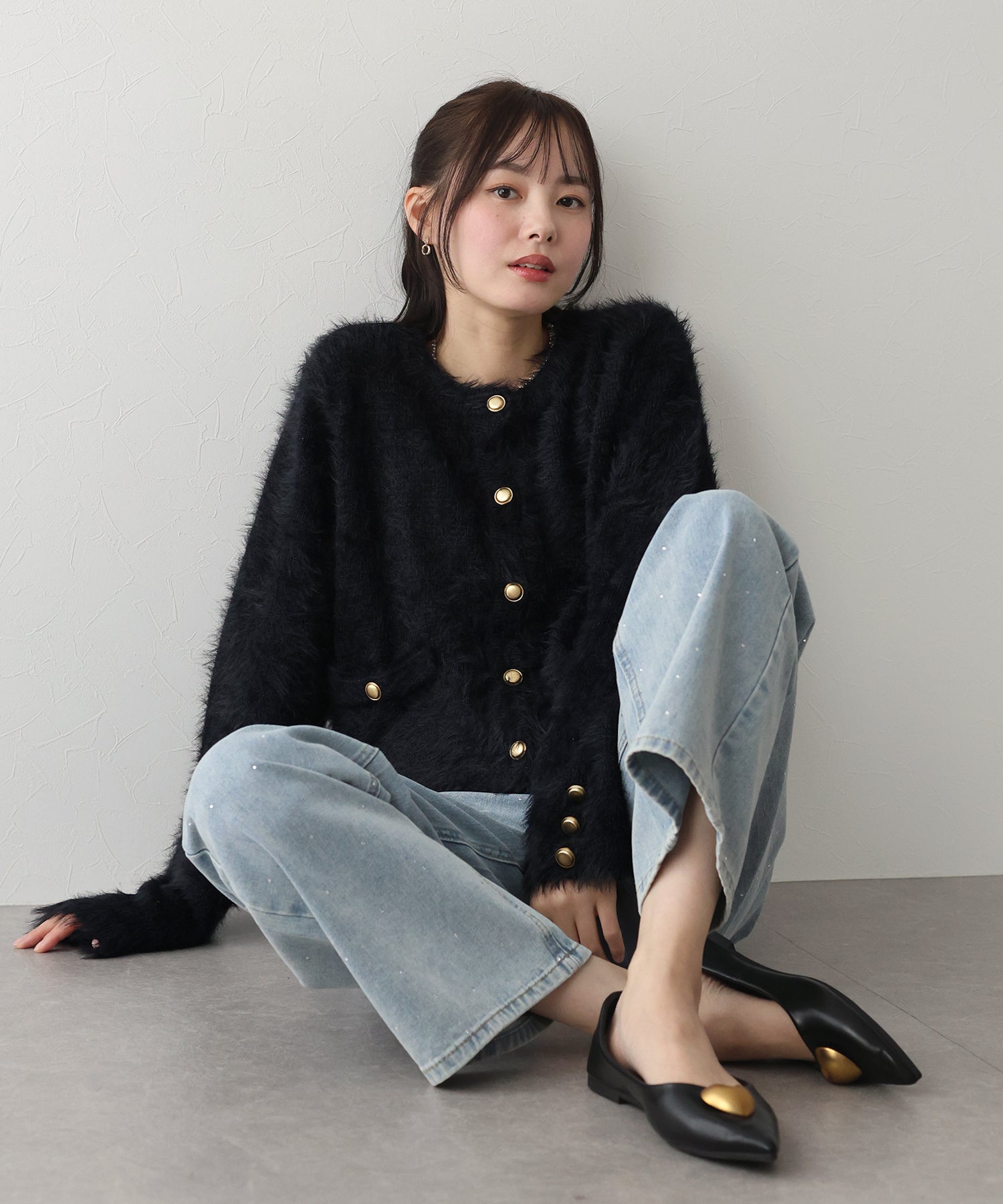 ブルーイースト BLUEEAST 金ボタンシャギーニットジャケット (アイボリー) アイボリー