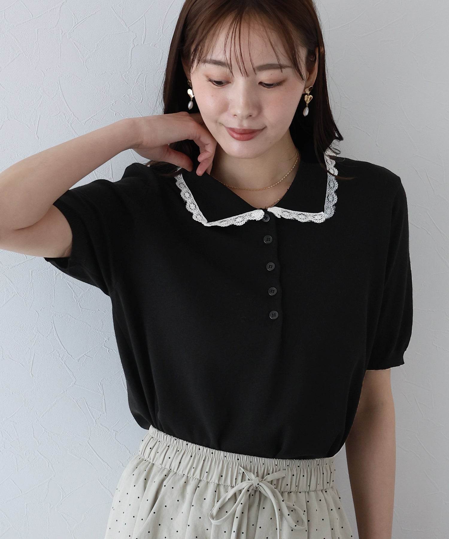 ブルーイースト BLUEEAST レース襟ニットトップス (ミント) ミント