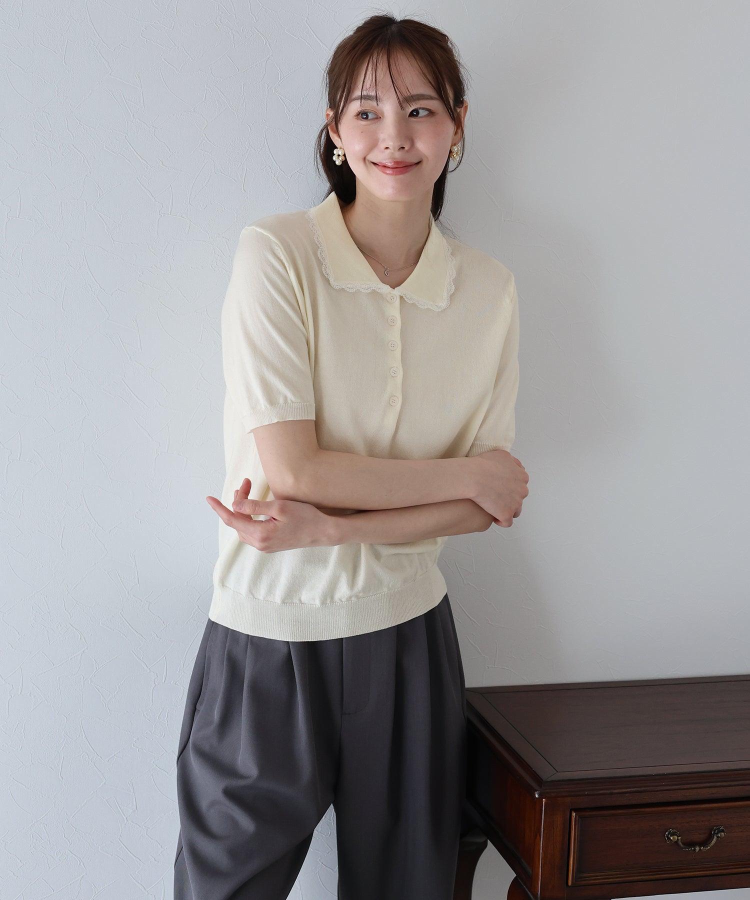 ブルーイースト BLUEEAST レース襟ニットトップス (ミント) ミント