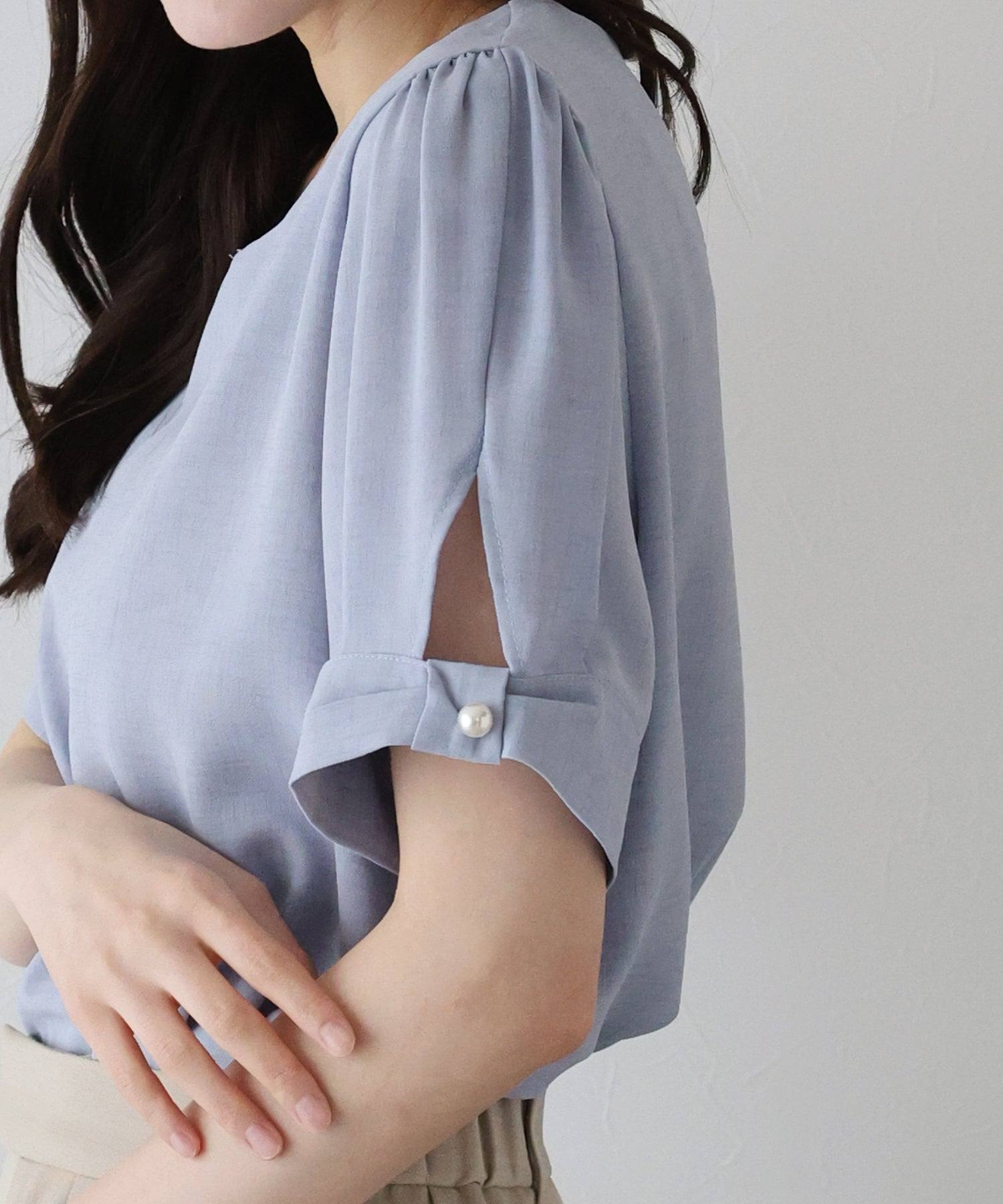 ブルーイースト BLUEEAST パールボタン麻調ブラウス (ブラック) ブラック