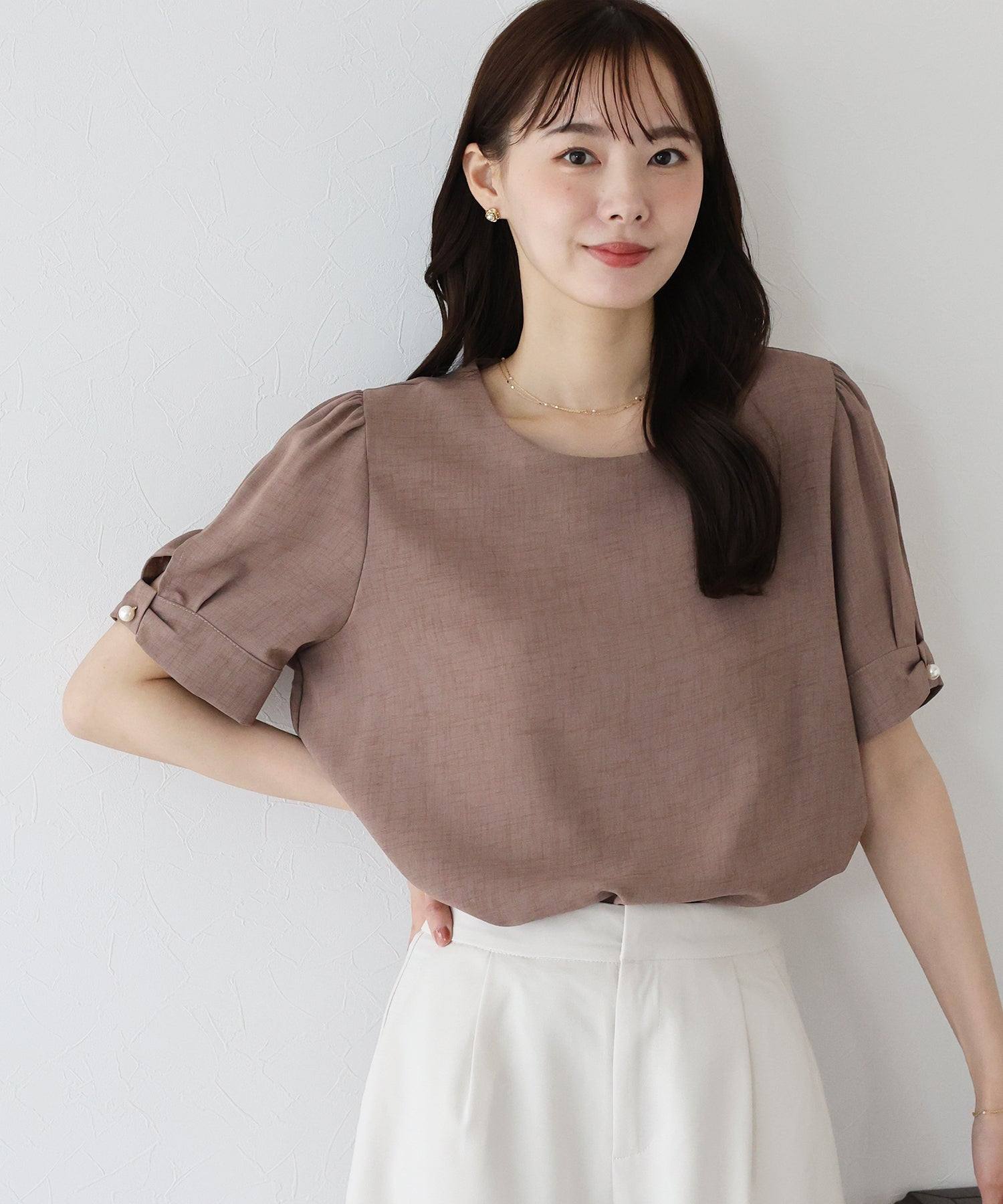 ブルーイースト BLUEEAST パールボタン麻調ブラウス (ブラック) ブラック