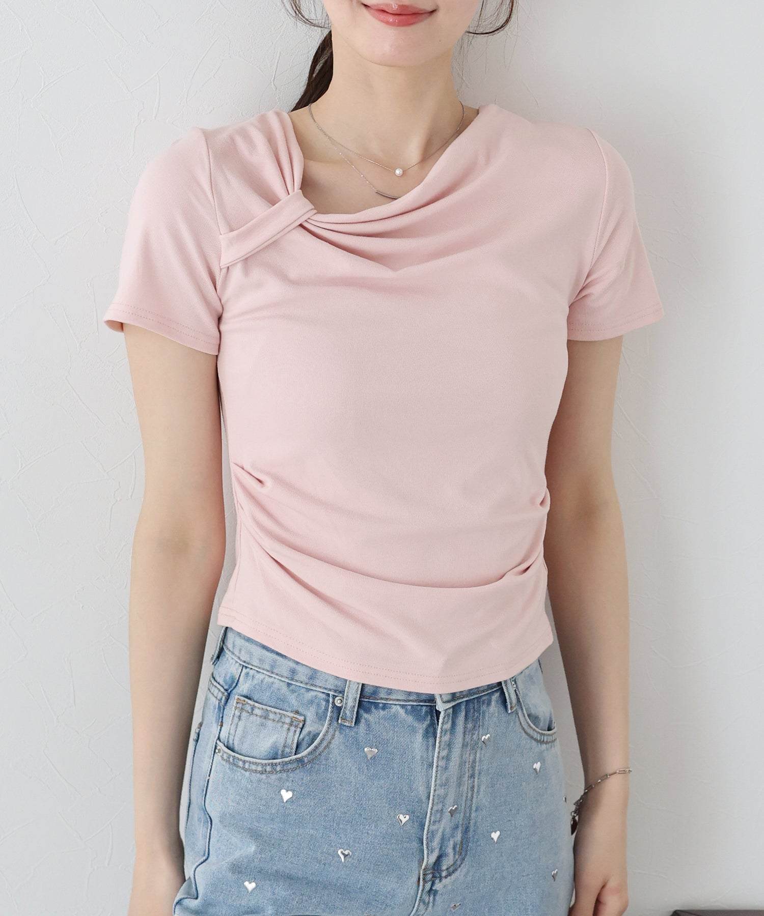 ブルーイースト BLUEEAST 半袖アシメドレープTシャツ (ピンク) ピンク