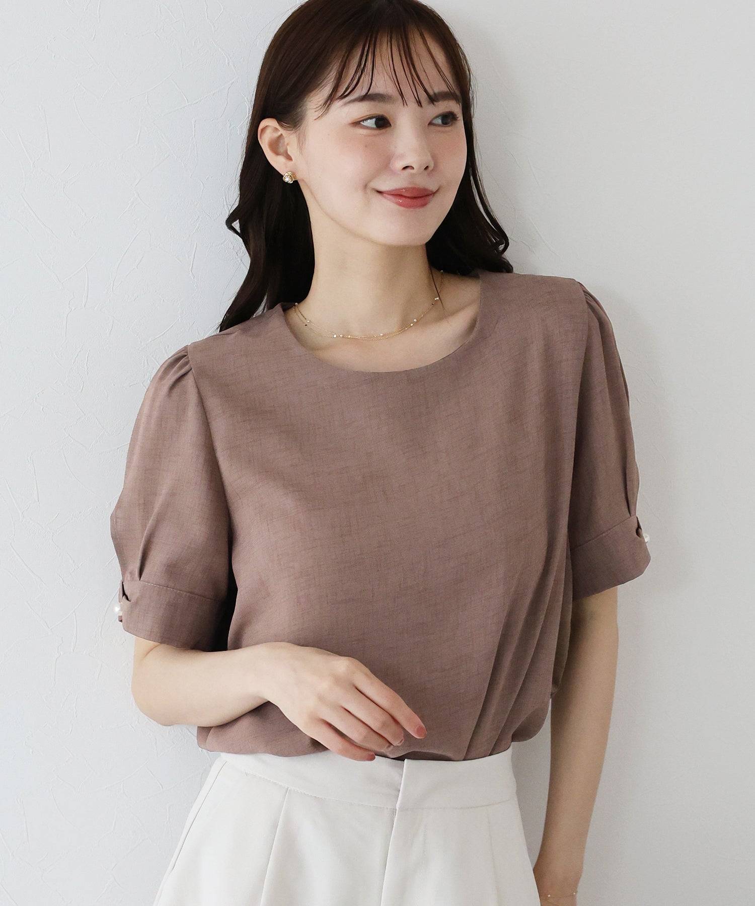 ブルーイースト BLUEEAST パールボタン麻調ブラウス (モカ) モカ