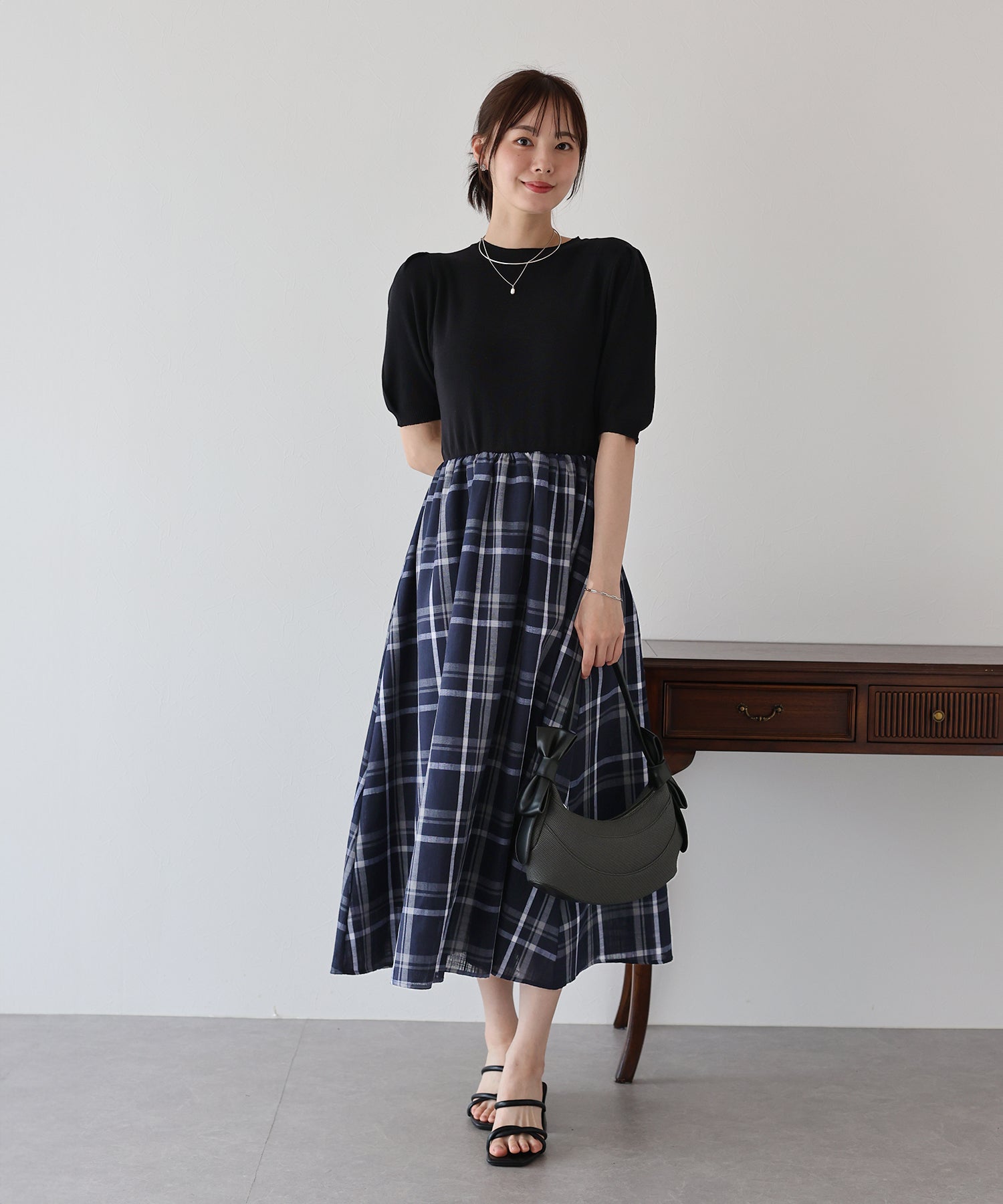 ブルーイースト BLUEEAST チェックドッキングワンピース (ネイビー) ネイビー